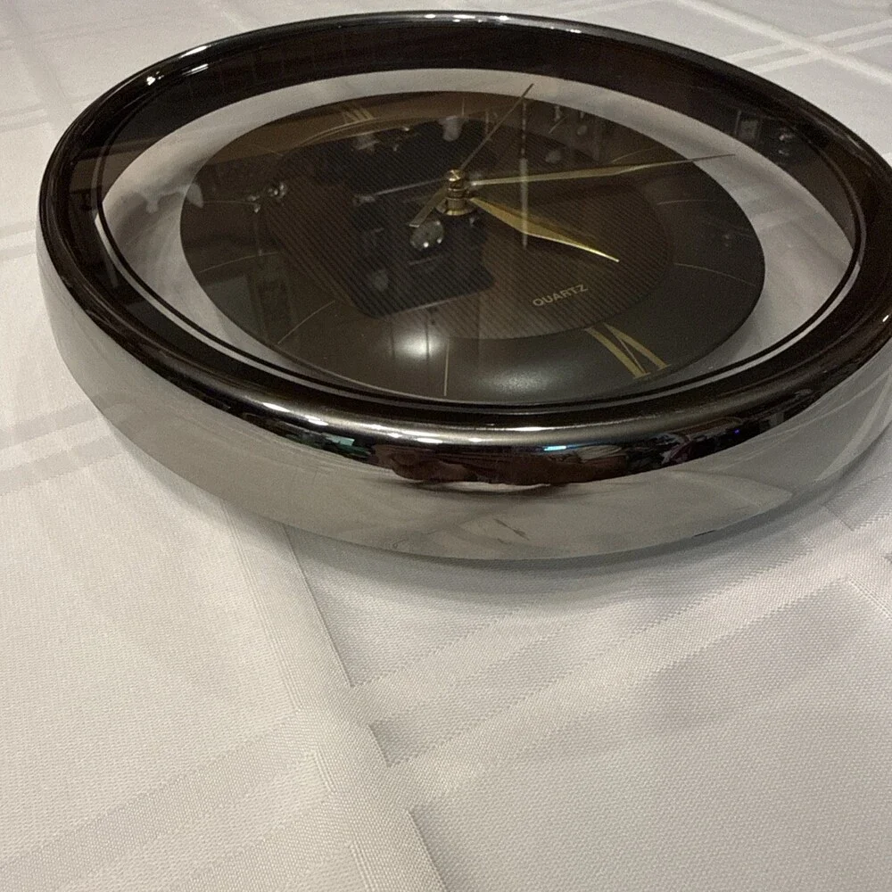 Vintage 1980s Heirloom Quartz Wall Clock Clear Lucite Floating Oval Black Gold